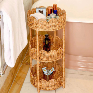 Étagère de rangement ronde à 3 niveaux en rotin festonné, support utilitaire en osier tressé à la main pour salle de bain ou salon - Product Image 4