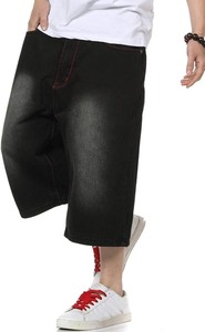 Shorts Capri en Jean Noir Tendance pour Hommes, Coupe Ample, Longueur Genou, Logo Personnalisé, Coton Épais, Lavage Vintage, Vente en Gros OEM - Product Image 3