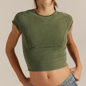Hot Selling Exposed Seam Women's Olive Green Cap Sleeve Crop Top Slim Fit Knitted Cotton Casual Summer Solid Color T-Shirt Women - Product Image 1