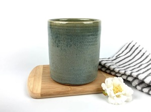 Green Glazed Stoneware Ceramic <b>Utensil</b> <b>Holder</b> Smooth Finish High Fired Chip Resistant <b>Kitchen</b> Counter Storage Organizer Durable - Product Image 3