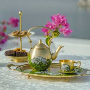 Luxury Brass Tea Set with Teapot, Cups, Saucers and Serving Tray – Traditional Indian Handcrafted Brass Tea & <b>Coffee</b> Set - Product Image 1