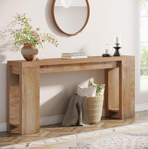 Console en bois massif avec base en chêne, design scandinave moderne, meuble de rangement pour entrée et salon - Product Image 1