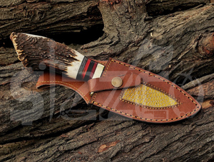 Cuchillo de caza OEM Wirecut de acero de Damasco, tipo Skinner, con mango de asta de ciervo, hoja fija, para camping, actividades al aire libre y EDC, con funda de cuero. - Product Image 3