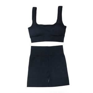 Women 2 Piece Yoga Set Seamless Crop Top High Waist Shorts Solid White Ribbed Spaghetti Strap Sleeveless Sportswear - Product Image 3
