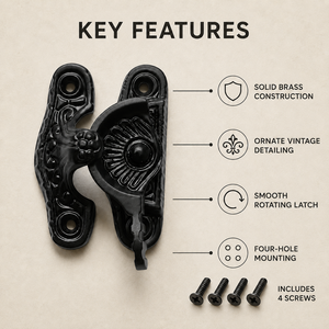 Loquet de fenêtre décoratif SHUBHAM en laiton noir antique avec support pour fenêtres en bois - Product Image 3