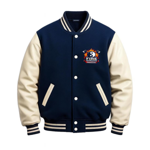 Classic Navy Blue Varsity <b>Jacket</b> With White Sleeves Full Length Zipper Turn-down Collar Women's Autumn Wear - Product Image 1