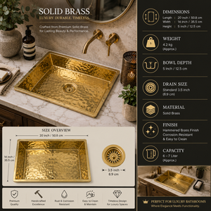Fregadero de Cocina Rectangular de Lujo de Latón Martillado Hecho a Mano Personalizado, Lavabo Bajo Encimera para Preparación en Barra con Colador de Latón OEM ODM - Product Image 5