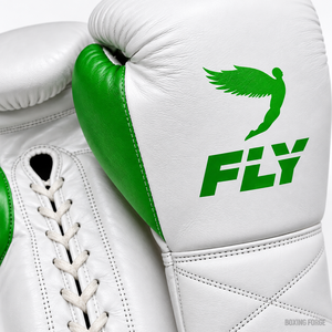 Cheap Fly <b>White</b> Leather Boxing Gloves With Green Accents <b>Laced</b> Closure For Adults Boxing Training Gear best for sparring - Product Image 3