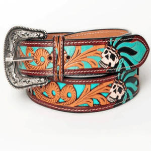 เข็มขัดหนังสไตล์ตะวันตกหนังแท้สำหรับผู้ชาย, เข็มขัดแฟชั่นย้อนยุคลายนูนนูนลายดอกไม้หัวเข็มขัดคาวบอย - Product Image 4