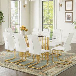 Tavolo da Pranzo Ovale di Lusso in Vetro Temperato da 71 Pollici con Sedie in PU Bianco di Alta Qualità con Doppia Colonna Dorata, Set da Pranzo - Product Image 3