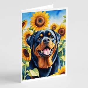 Whimsical Rottweiler in Sunflowers A7 Tarjetas de notas en blanco Paquete de 8 con sobres Tarjetas de felicitación de tamaño 5x7 - Product Image 1