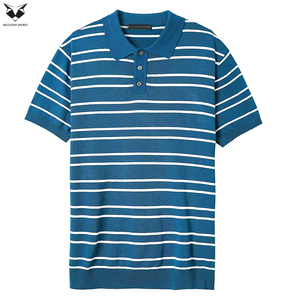 Polo de Punto a Rayas para Hombre, Manga Corta, Casual, Azul y Blanco, Corte Regular, Tejido Transpirable, Estilo Deportivo - Product Image 1