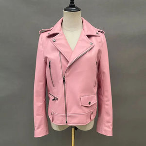 <b>Pink</b> PU Leather Moto <b>Jacket</b> Women's Autumn Stand Collar Full Sleeve Zipper Closure Solid Color Woven Pattern - Product Image 1