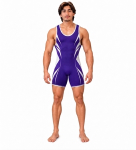 Maillot de lutte pour hommes, violet et blanc, sans manches, col rond, en spandex et polyester, combinaison de sport respirante, toutes saisons - Product Image 1