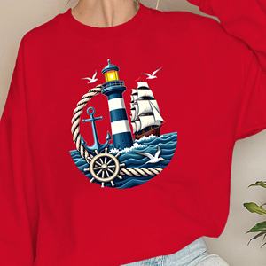 Lighthouse and <b>Anchor</b> Nautical Theme Printed Casual Knitted Women's Sweatshirts - Product Image 1