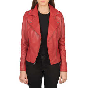 Chaqueta de Motocicleta de Cuero Sintético PU Roja para Mujer, Manga Larga, Cierre de Cremallera, Cuello Camisero, Abrigo de Otoño - Product Image 6