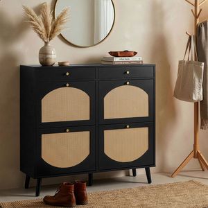 Mobiletto Portascarpe Moderno in Rattan Nero con 2 Cassetti e 4 Sportelli a Ribalta 105*24*110cm - Product Image 1
