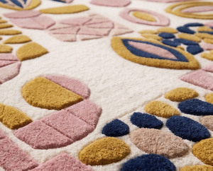 Tapis abstrait rectangulaire DECORDEC rose moutarde marine, 100% laine de Nouvelle-Zélande, motif galets organiques, blocs de mosaïque, antidérapant - Product Image 4