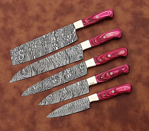 Ensemble de cuisine 5 pièces en acier Damas fait main, manches en bois d'olivier, ambidextre, étui en cuir véritable, couteau de chef, couteau à pain, couteau à steak, couteau à fruits - Product Image 3