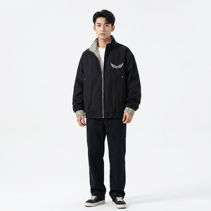 Veste noire pour homme avec broderie d'ailes, col montant, fermeture éclair, style décontracté pour l'automne - Product Image 4
