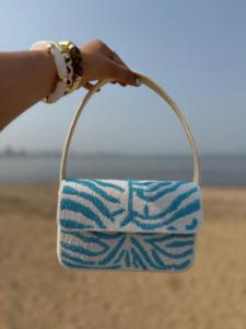 Beaded Clutch <b>Bag</b> with Geometric Pattern Blue and <b>White</b> Bohemian Style Single Strap Women's Beach Handbag - Product Image 4