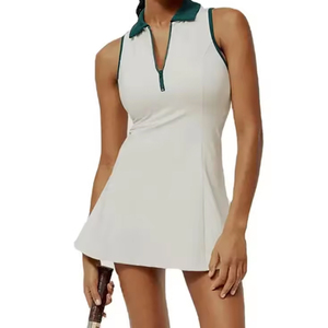 Robe de tennis sans manches pour femme, blanche avec col vert, fermeture éclair, ajustée, en polyester respirant, vêtements de sport d'été - Product Image 1