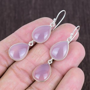 Boucles d'oreilles en calcédoine rose, argent sterling, style bohème, faites à la main, pierres précieuses, cadeau unique pour femme - Product Image 3