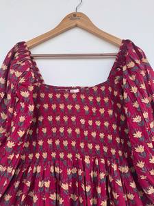Floral Print Boho Maxi <b>Dress</b> Long Sleeves V-neck <b>Ruffle</b> Hem Modern Fit A-Line Natural Sweet Washable Summer Casual Hand Block - Product Image 2