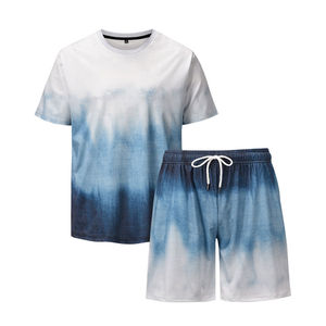 Ensemble décontracté d'été 2 pièces pour homme : T-shirt tie-dye bleu dégradé et short, séchage rapide, respirant, col rond, tissu tricoté - Product Image 1