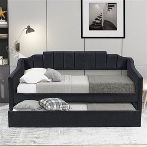 Black Upholstered Twin Daybed with Trundle Comfortable Bed Furniture - Product Image 2