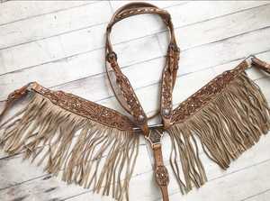 2026 High Quality Brown Western Breastplate Fringe New Arrival Horse Tack Set Leather <b>Equestrian</b> Headstall Breast Collar - Product Image 3