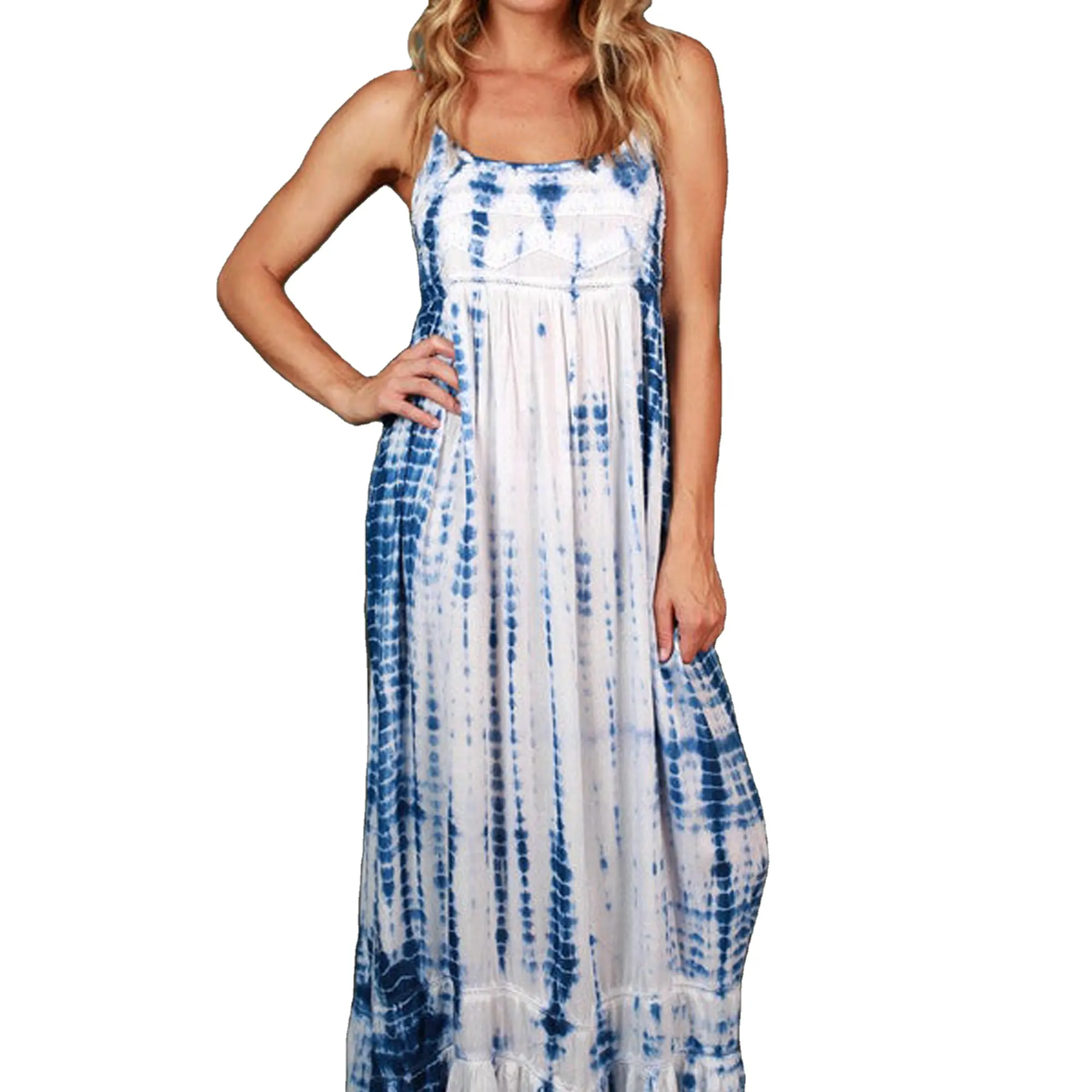 New Arrival 2023 Rayon Tie Dye Women Backless Sexy Party Long Floor Length Summer Slim Fit Casual Wear Maxi Spaghetti Dresses