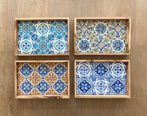 Elegant Grand Signature Wooden Enamel Tray Set with Art Deco Checkered Pattern Custom Printed Design and Ultra Glossy Gold Foil - Product Image 3