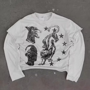 White Long Sleeve Crewneck T-Shirt With <b>Animal</b> Print <b>Pattern</b> Street Style Men's <b>Knitted</b> Cotton Top Regular Fit O-Neck - Product Image 1
