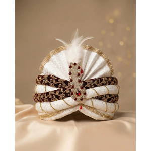 Turban de marié en velours blanc et bordeaux pour mariage indien Safa avec pierre rouge Kalgi 56cm - Product Image 1