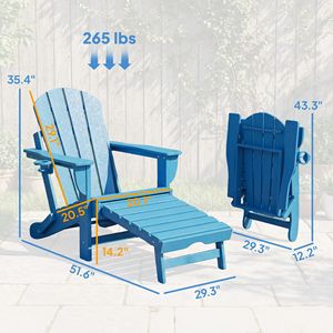 Juego de 2 Sillas Plegables Adirondack Azules de HDPE para Fogata con Reposapiés Retráctil y Portavasos - Product Image 3
