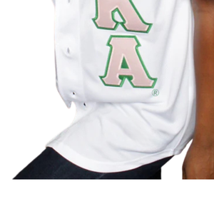 Maillot de baseball AKA blanc à boutons, manches courtes, avec lettres AKA et bordures vertes et roses, vêtement décontracté pour sororité - Product Image 4