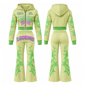 Women's Green Hooded <b>Tracksuit</b> Full Length Zipper Star Print <b>Y2K</b> Style Loose Fit Sweat Suit With Side Pockets - Product Image 1