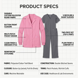 Bata de Laboratorio Rosa de Algodón y Poliéster Ecológico para Mujer, Manga Larga, Cuello Solapa, Uniforme Médico para Enfermeras y Doctoras, Personalizable para Hospital - Product Image 5