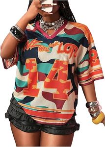 Maillots de football pour femmes à col en V, manches courtes, imprimé graphique numéroté, maille color block - Product Image 3
