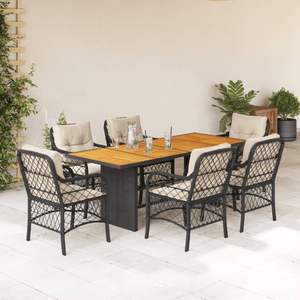 Set da pranzo da 7 pezzi in Poly Rattan nero con cuscini eleganti mobili da esterno - Product Image 1