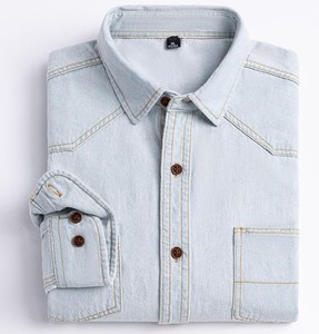 Men's Light Blue Denim Shirt Long Sleeve Button <b>Down</b> Regular Fit Casual Topstitch Detail Stonewash Cotton Fabric - Product Image 1