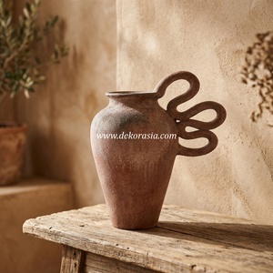 Jarrón alto de cerámica rústica de terracota con asa ondulada, maceta de mesa, exportador mayorista - Product Image 4