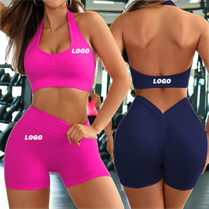 Women's 2-Piece Sports Set Solid Color Halter Crop Top <b>High</b> Waist Biker Shorts Spandex/Nylon Quick Dry All Seasons - Product Image 3