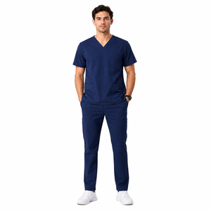 Conjunto de Uniformes Médicos Personalizados para Hombre, 100% Algodón, Tela de Lana Peinada, Azul Marino, Cuello en V, Uniforme de Hospital, Manga Corta, Ropa de Trabajo para Médico y Enfermero - Product Image 1