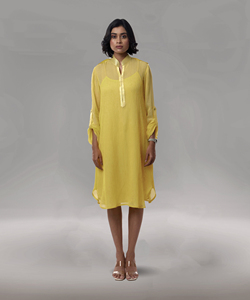 Vestido Casual de Georgette para Mujer, a la Moda, con Hermoso Parche de Seda y Forro de Tafetán Suave, Color Amarillo - Product Image 2