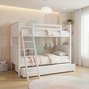 White Twin Size Bunk <b>Bed</b> <b>With</b> Storage <b>Trundle</b> Solid <b>Wood</b> Construction Ladder Modern Scandinavian Kids Bedroom Furniture - Product Image 3
