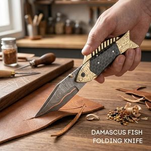 Personalized Handmade <b>Copper</b> Damascus Artistic Fish Folding Pocket Knife Collectible EDC Multi-Functional Camping Hunting Knife - Product Image 4