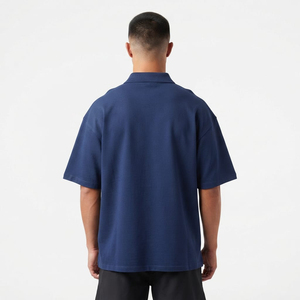 Polo pour homme surdimensionné à manches courtes, T-shirt polo de haute qualité, décontracté, épaules tombantes, bleu marine - Product Image 3