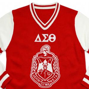 เสื้อสเวตเตอร์คอวี Delta Sigma Theta สำหรับผู้หญิง สีแดงขาว ปักโลโก้ สไตล์ Preppy แขนยาว ถักนิตติ้ง ใส่ได้ในฤดูหนาว - Product Image 4